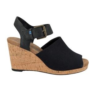 TOMS Women Black Canvas Leather Cork Wedge Sandals Size 6M Open Toe Buckle